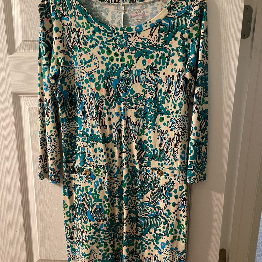 Lilly Pulitzer Long Sleeve Dress Corine In Sea Oat Turquoise Cream Print